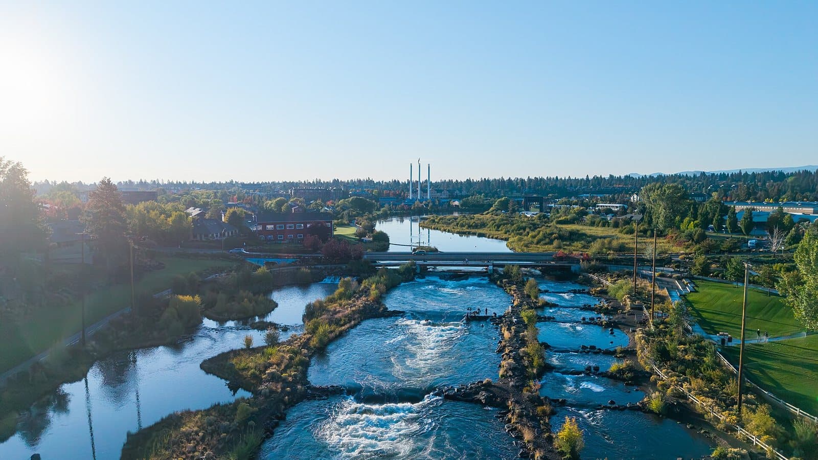The Deschutes River running through Bend at sunrise